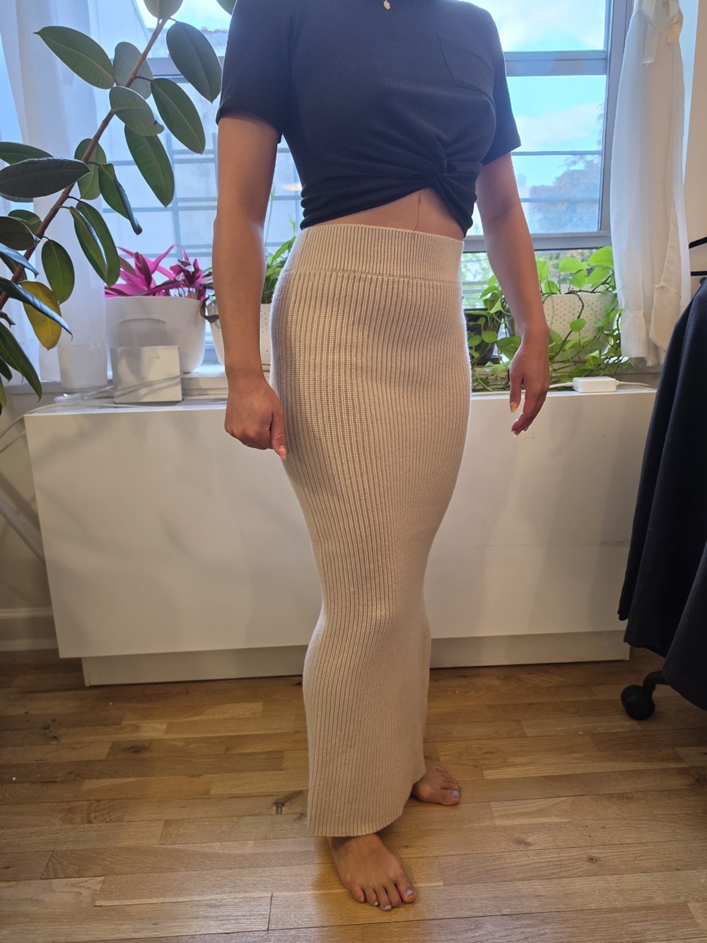 Calvin Klein Beige Ribbed Button-Trim Maxi Skirt